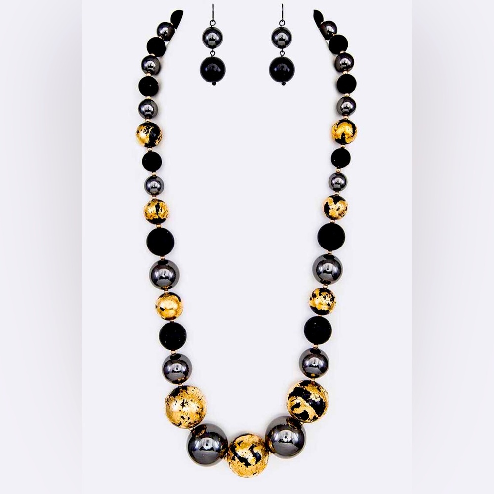Black & Gold Vintage Large Beads Statement Long Necklace Set